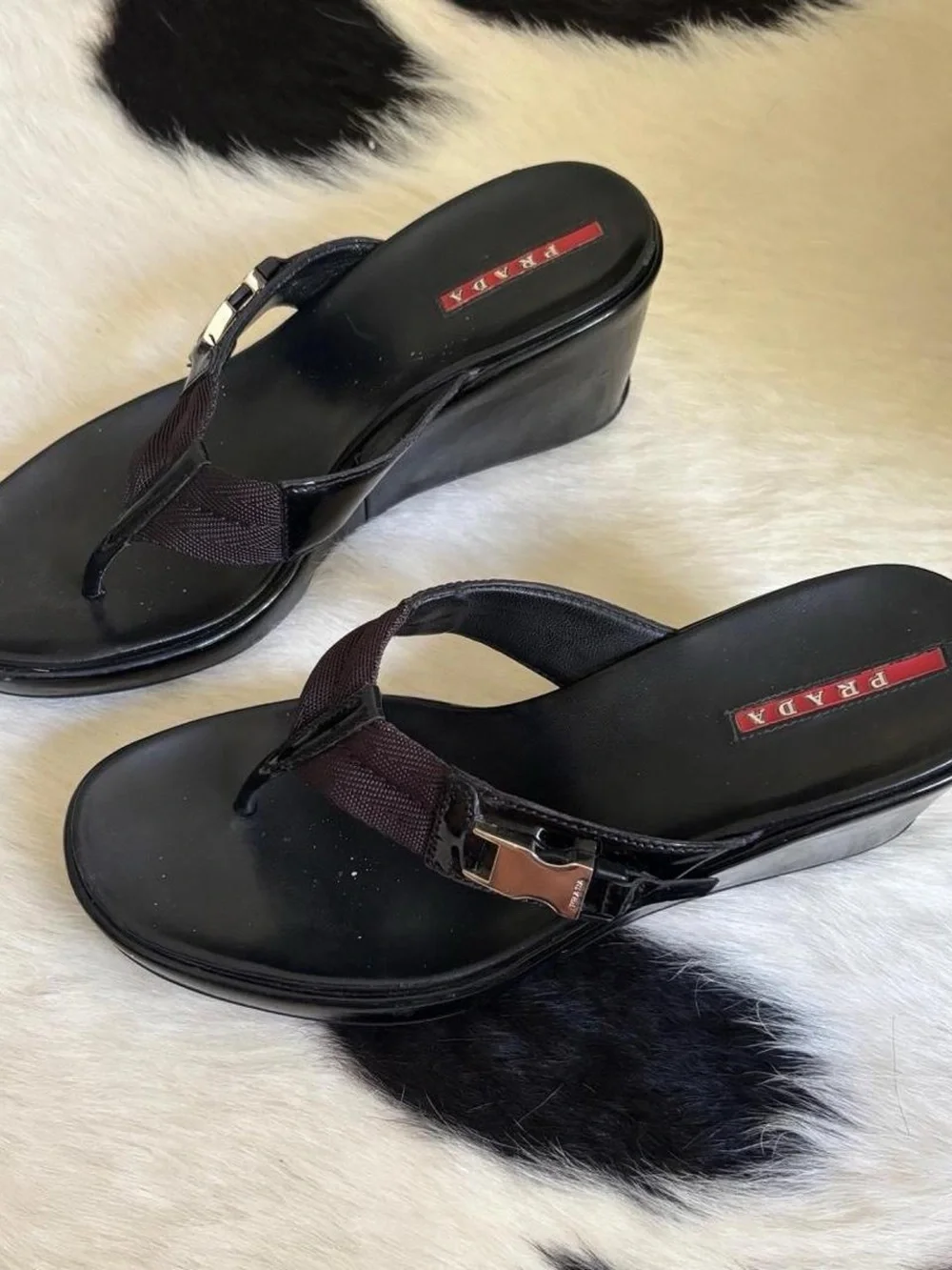 Vintage Prada Sport Black Wedge Thong Sandals with Buckle Detail